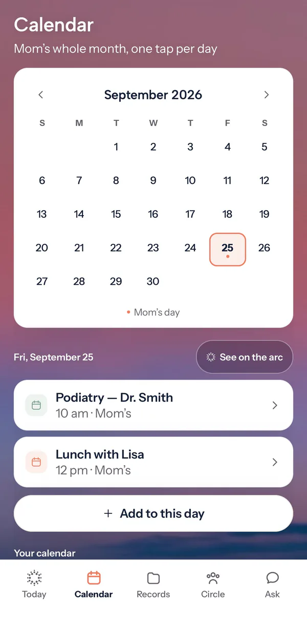 Sunday's Calendar screen: Mom's month, with the chosen day's two appointments listed underneath